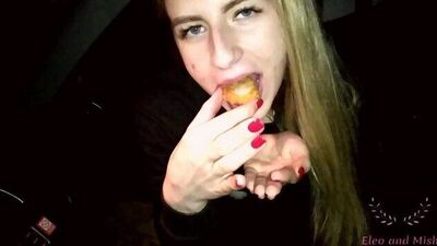 McDonalds nuggets eating with cum play, risky car blowjob in public place