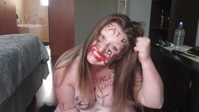 Big fat worthless pig degrading herself - ; body writing - ; hair pulling - ; self slapping