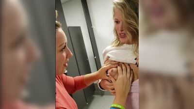 MFF breastfeeding squirting threeway in a public restroom