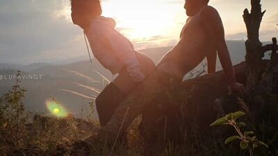 Outdoor fuck standing in front of a very intense red sunrise