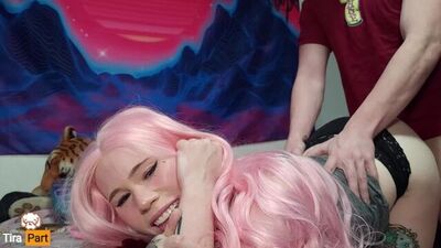 barking pink haired e girl gives sloppy blowjob then gets TWO creampies - Tira Part
