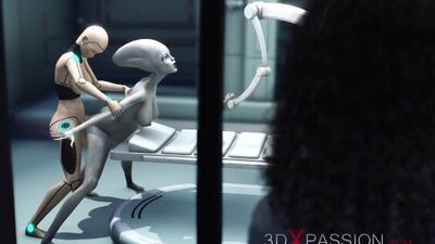 Alien lesbian sex in sci-fi lab. Female android plays with an alien