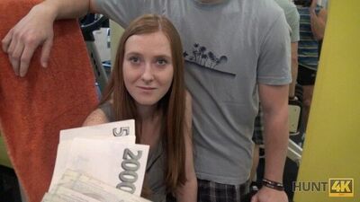 HUNT4K. Long-haired ginger with cute face sells tiny pussy for money